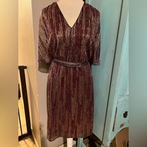 Halston Heritage Metallic Flutter Sleeve Slinky Lined Dress Size 14 Beautiful